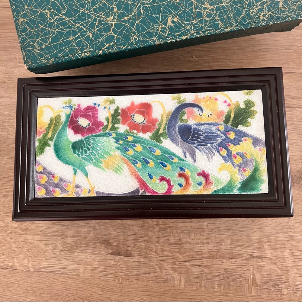 1970s Sankyo Orgel Japan Wood Music Jewelry Box Bouquet Enamel Peacocks Vtg NIB